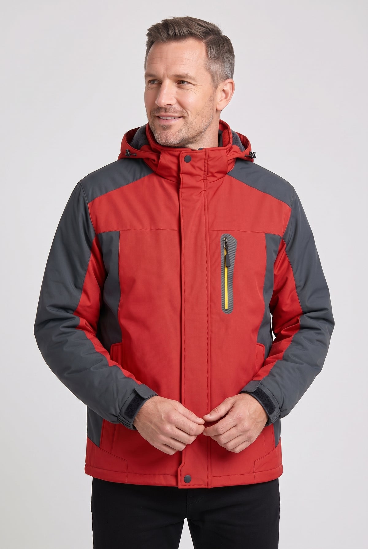 Men's Jacket | Fleece-Lined Hooded with Contrast Panels - Red