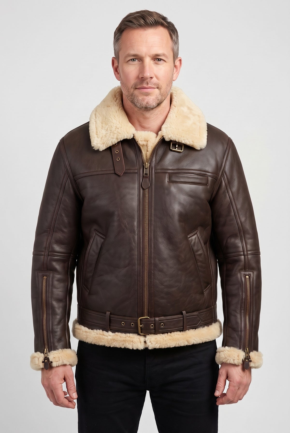 Men's Jacket | Leather-Look Aviator with Faux Shearling Collar - Brown