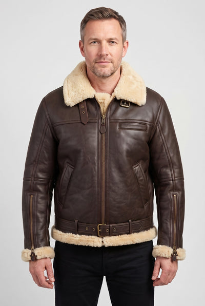 Men's Jacket | Leather-Look Aviator with Faux Shearling Collar - Brown