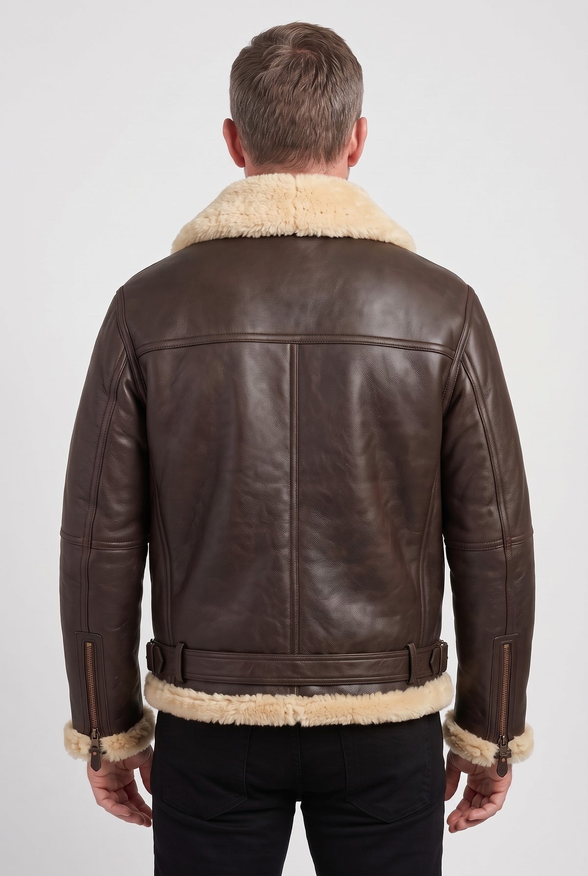 Men's Jacket | Leather-Look Aviator with Faux Shearling Collar - Brown back
