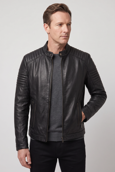Men's Jacket | Leather-Look Biker with Ribbed Shoulders - Black