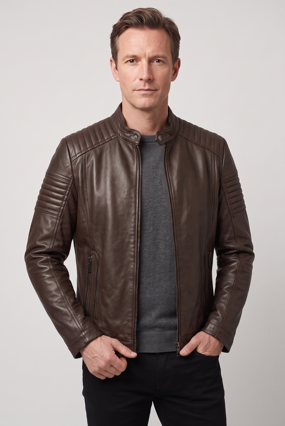 Men's Jacket | Leather-Look Biker with Ribbed Shoulders - Dark Brown