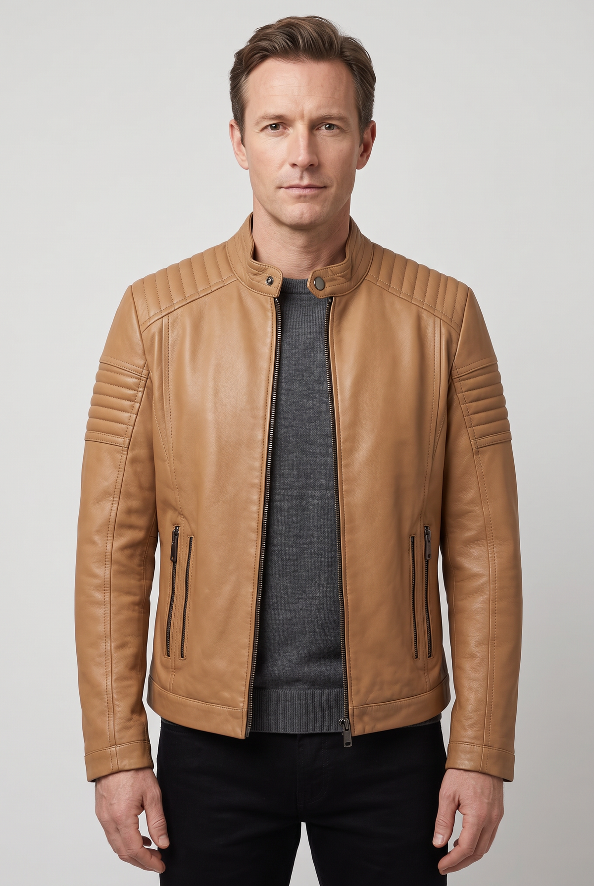 Men's Jacket | Leather-Look Biker with Ribbed Shoulders - Tan