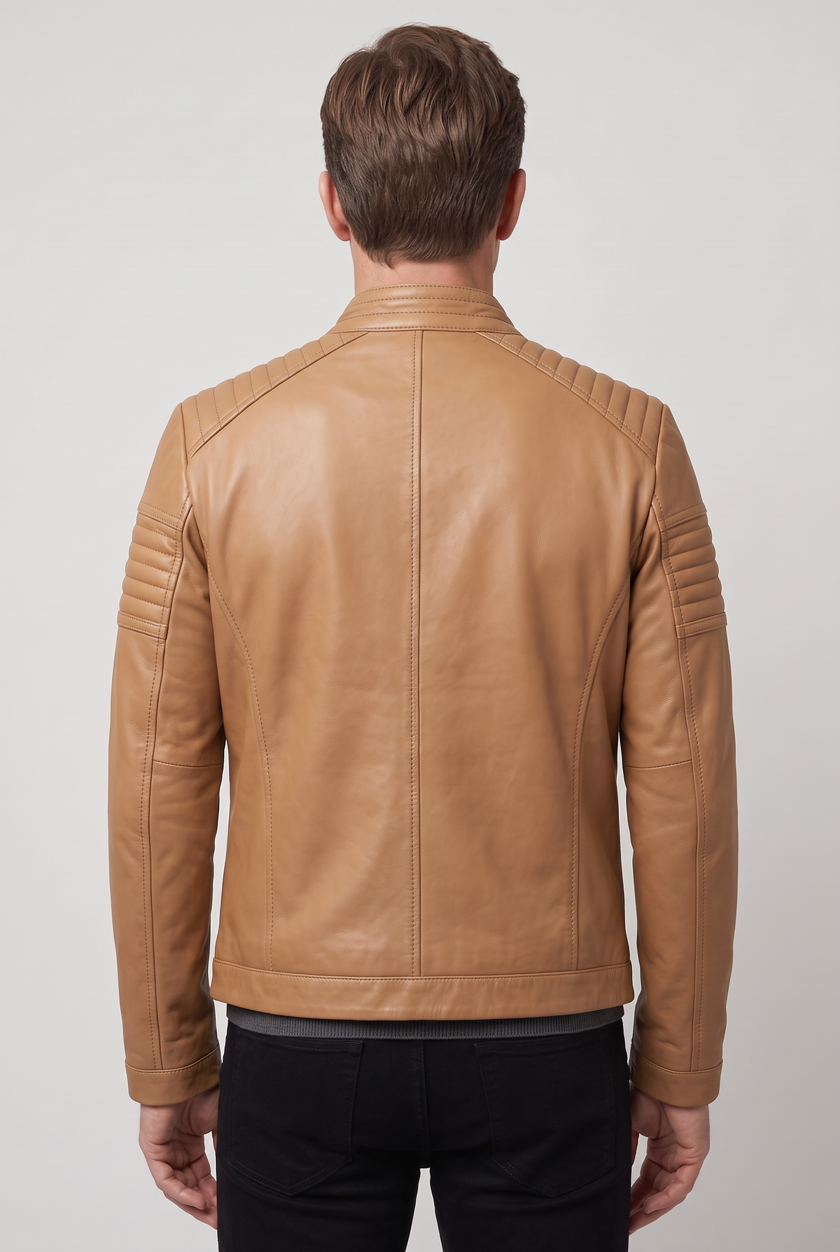 Men's Jacket | Leather-Look Biker with Ribbed Shoulders - Tan back