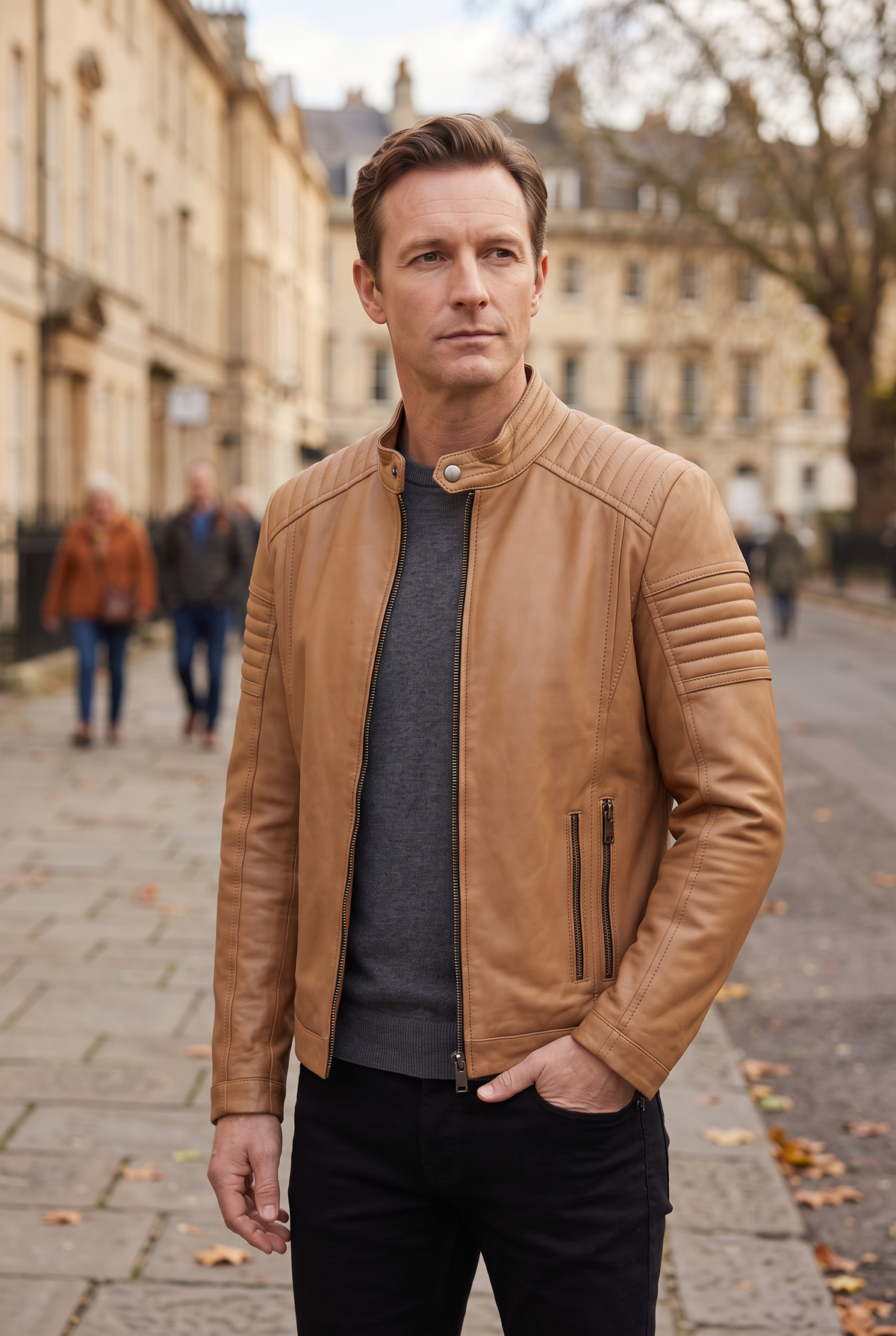 Men's Jacket | Leather-Look Biker with Ribbed Shoulders - Tan lifestyle