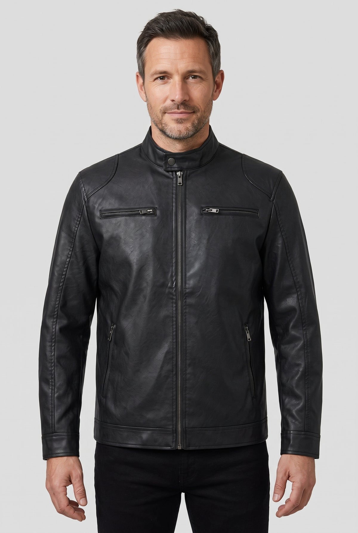 Men's Jacket | Leather-Look Biker with Zip Pockets - Black