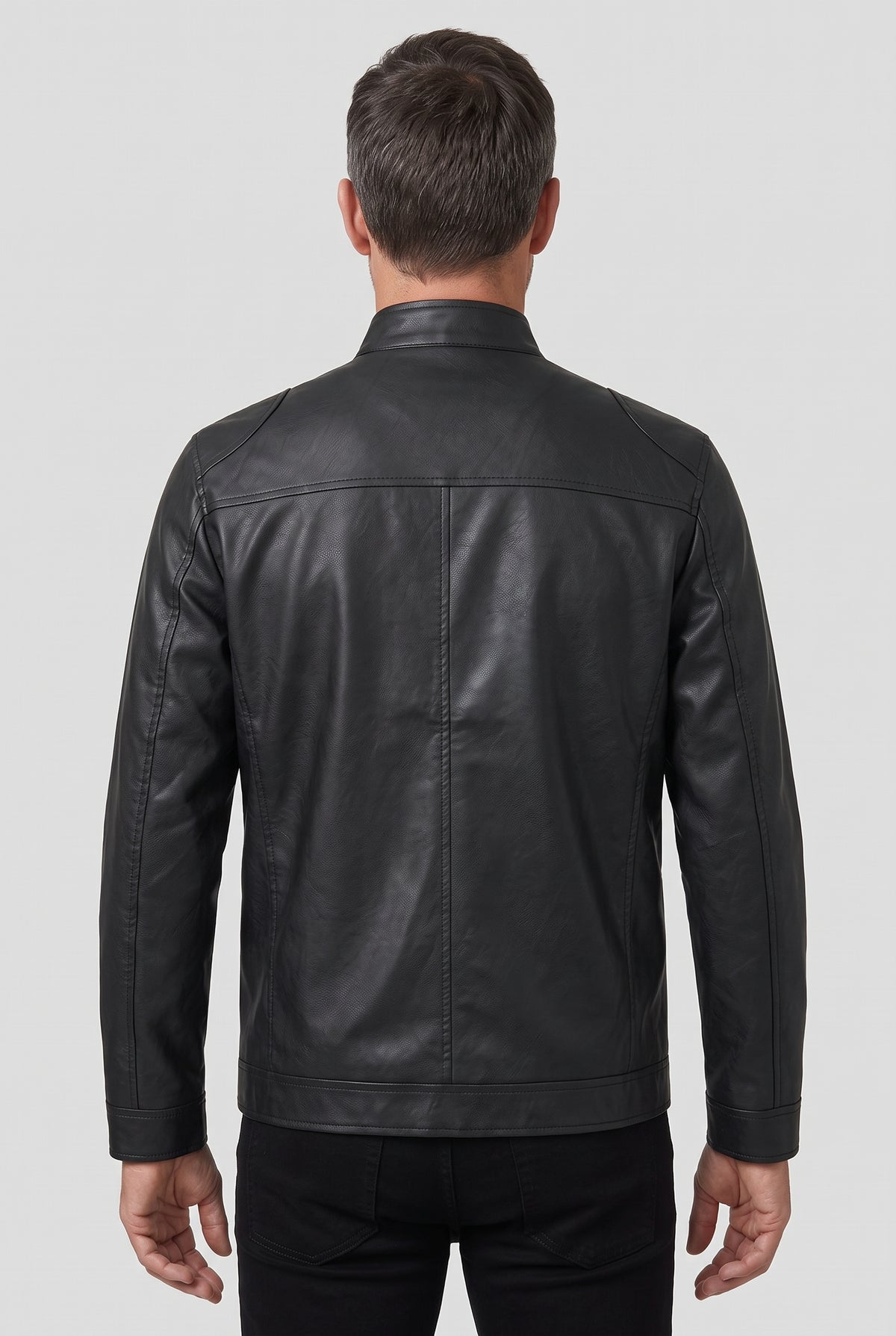Men's Jacket | Leather-Look Biker with Zip Pockets - Black back