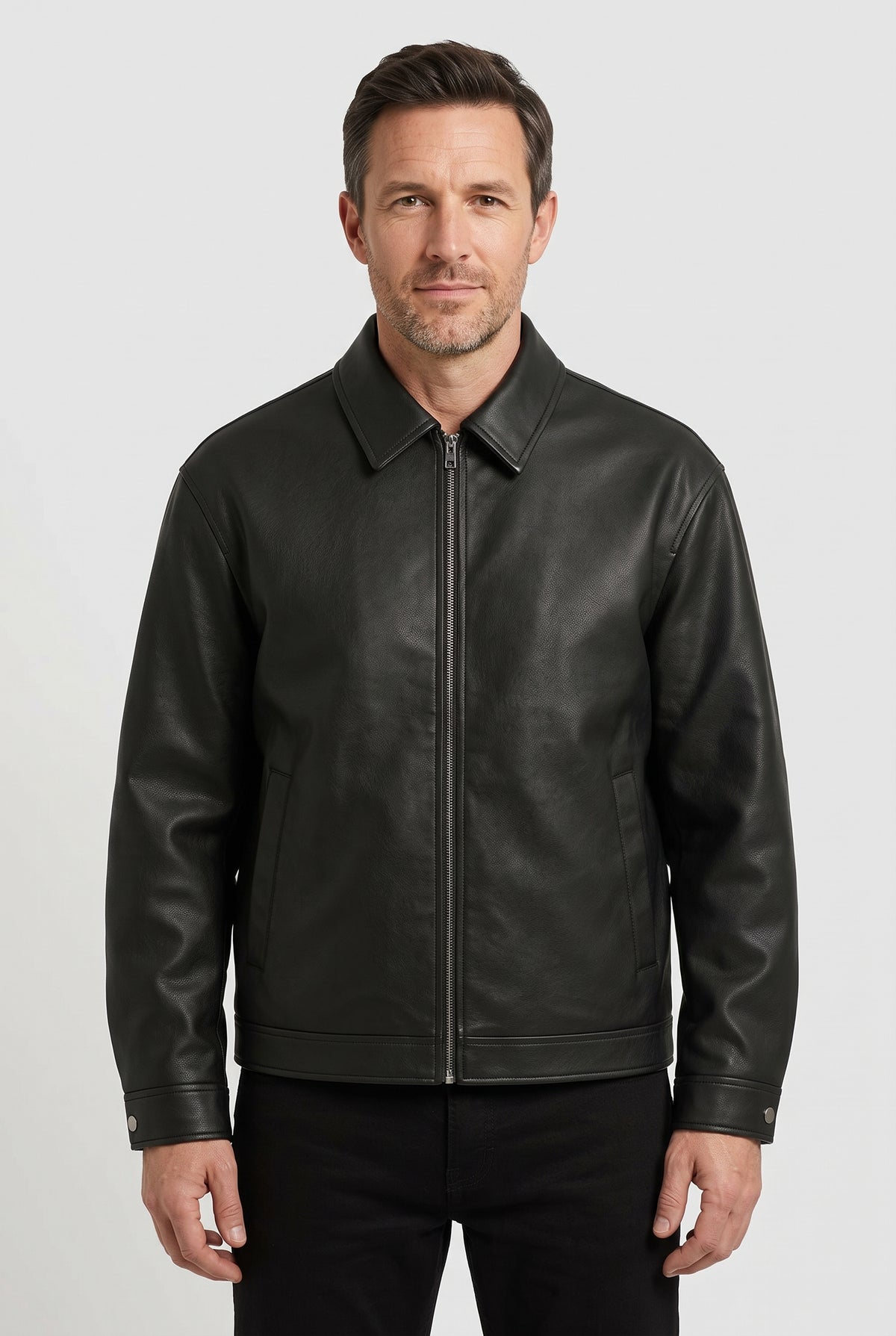 Men's Jacket | Leather-Look with Point Collar - Black