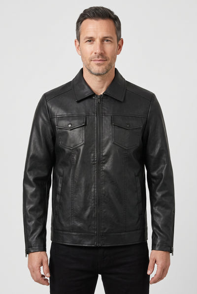 Men's Jacket | Leather-Look with Shirt Collar and Flap Pockets - Black