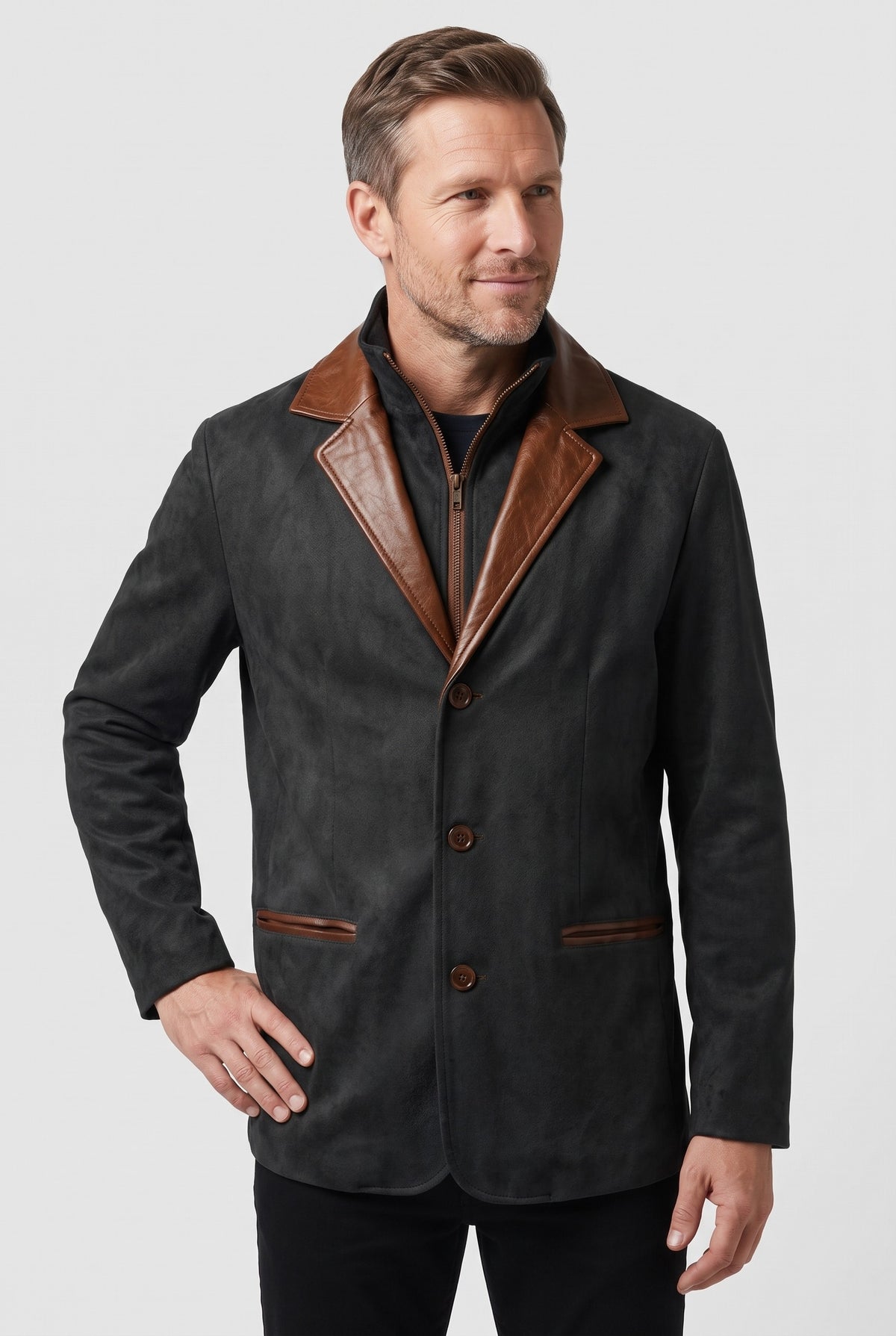 Men's Jacket | Suede-Look Blazer with Contrast Collar - Black