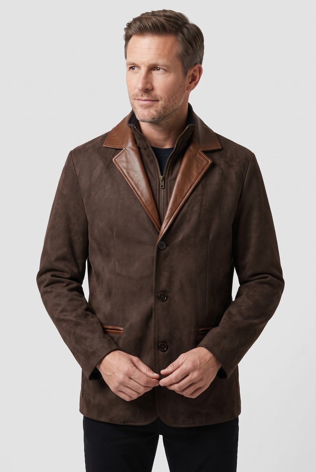 Men's Jacket | Suede-Look Blazer with Contrast Collar - Dark Brown