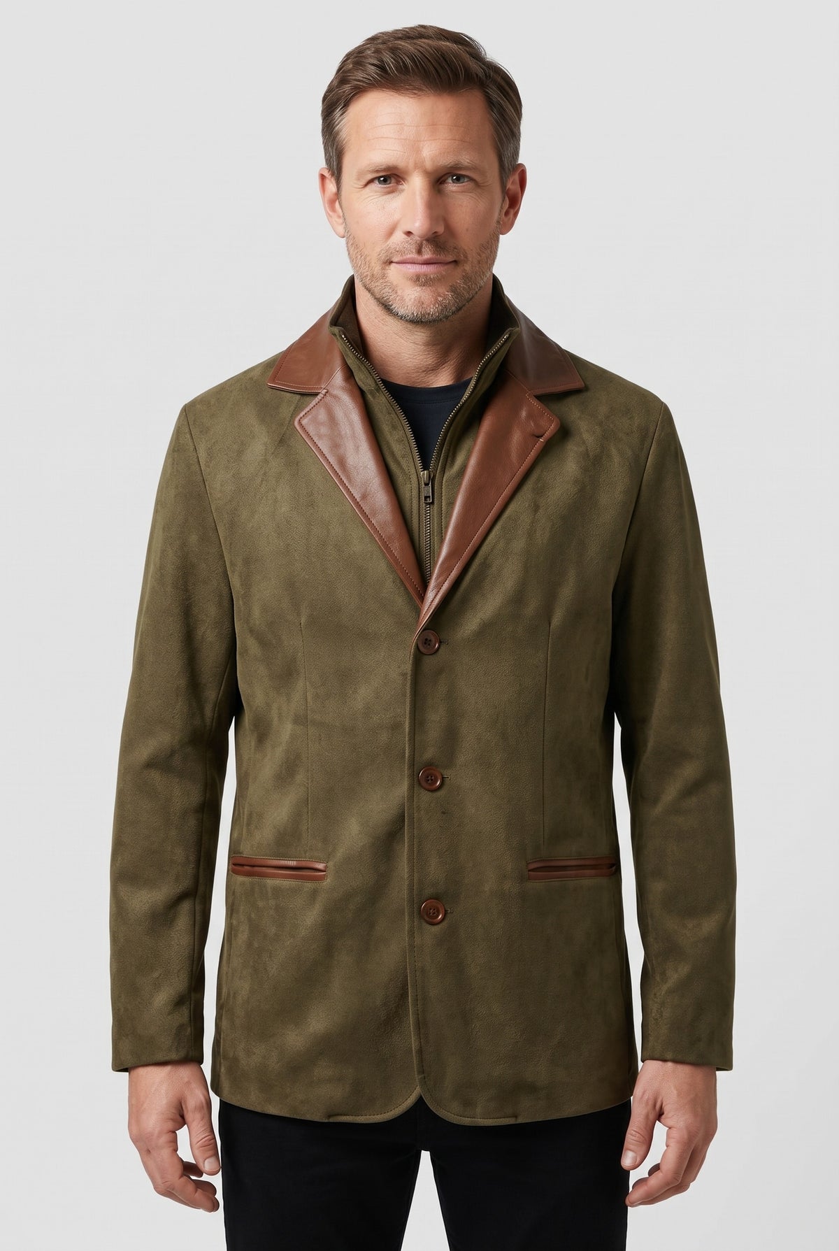 Men's Jacket | Suede-Look Blazer with Contrast Collar - Olive