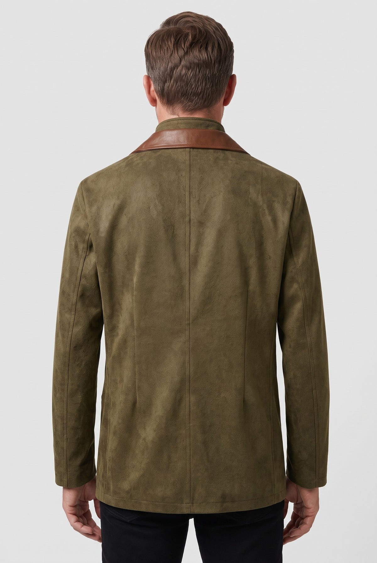 Men's Jacket | Suede-Look Blazer with Contrast Collar - Olive back