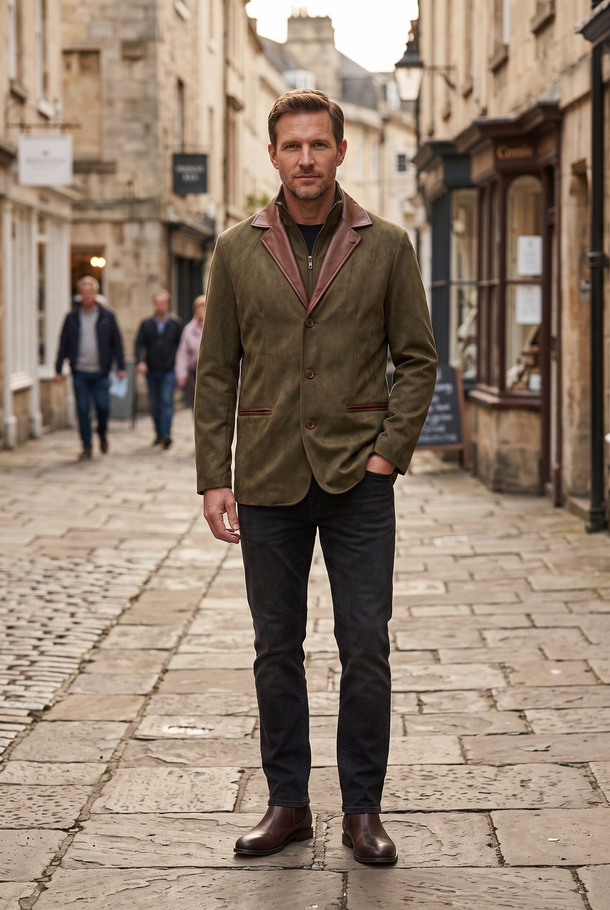 Men's Jacket | Suede-Look Blazer with Contrast Collar - Olive lifestyle