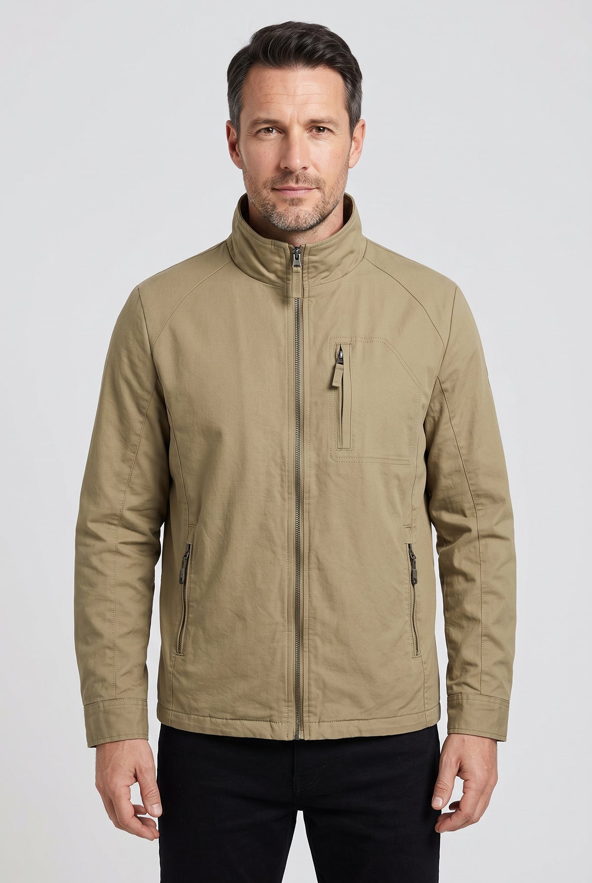 Men's Jacket | Utility Zip-Up with Stand Collar - Khaki