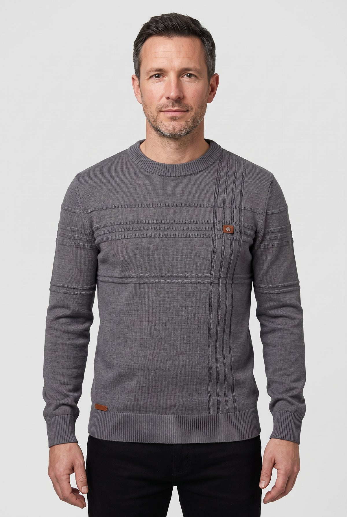 Men's Knitted Jumper | Crew Neck Textured Stripe - Dark Grey