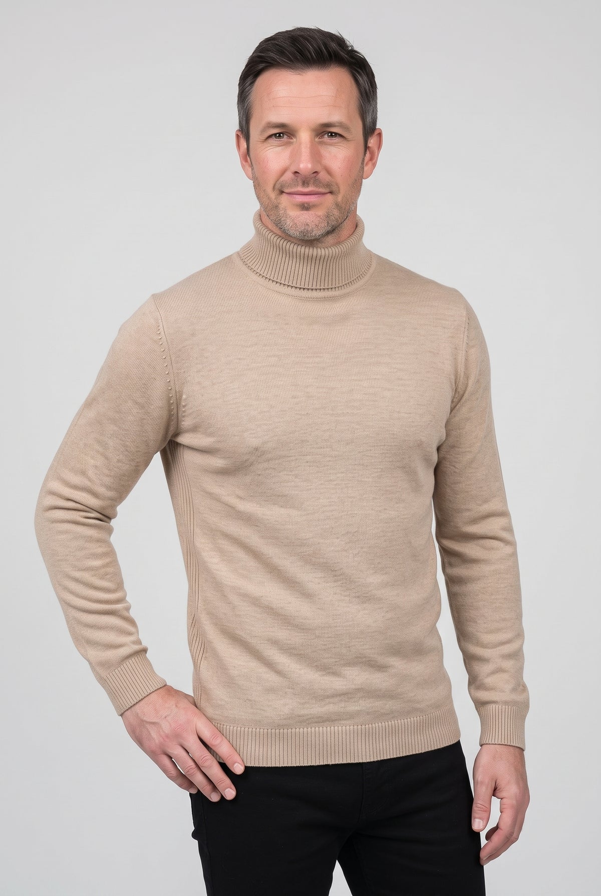 Men's Knitted Jumper | Roll Neck Fine Knit - Beige