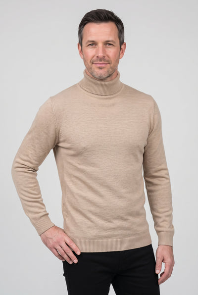 Men's Knitted Jumper | Roll Neck Fine Knit - Beige
