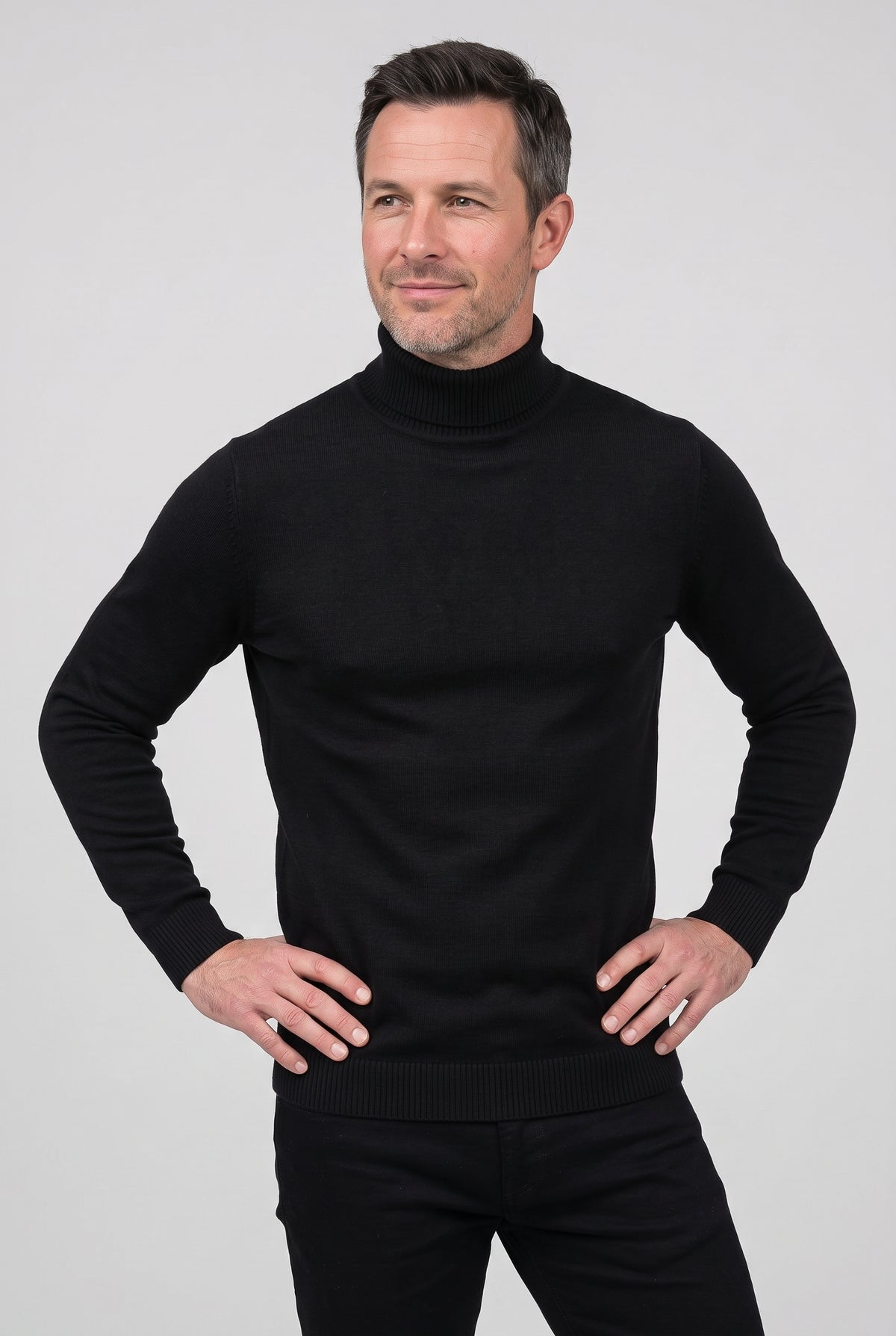 Men's Knitted Jumper | Roll Neck Fine Knit - Black