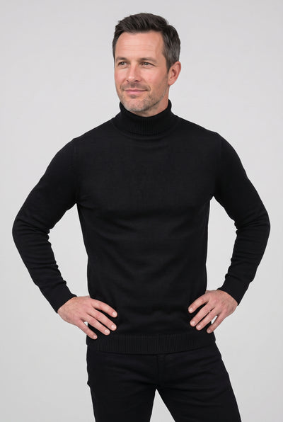 Men's Knitted Jumper | Roll Neck Fine Knit - Black
