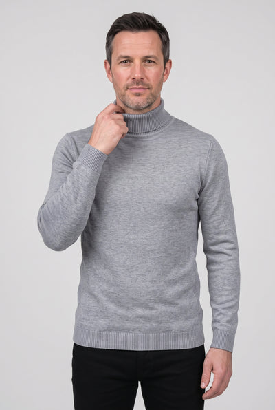 Men's Knitted Jumper | Roll Neck Fine Knit - Grey