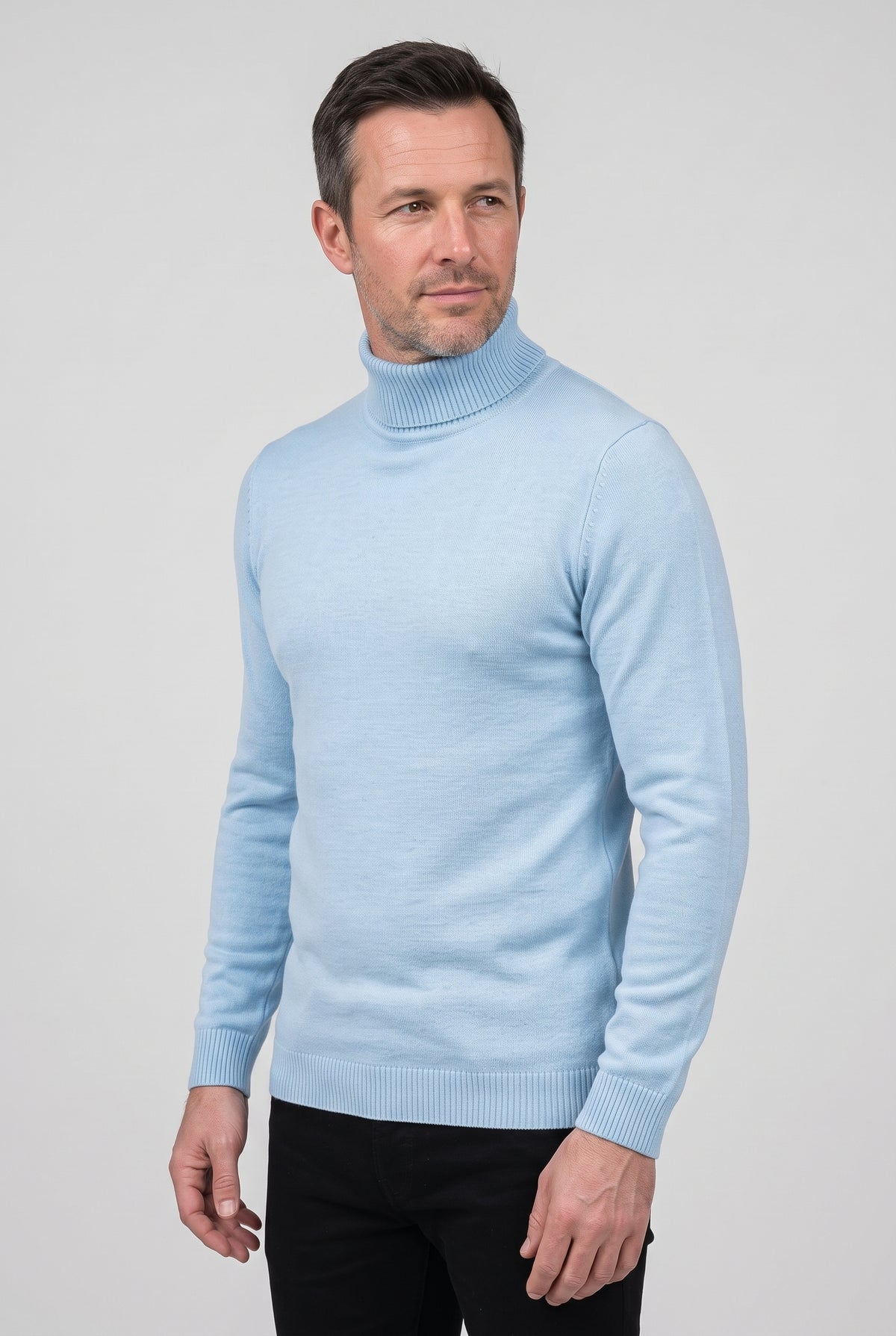 Men's Knitted Jumper | Roll Neck Fine Knit - Light Blue
