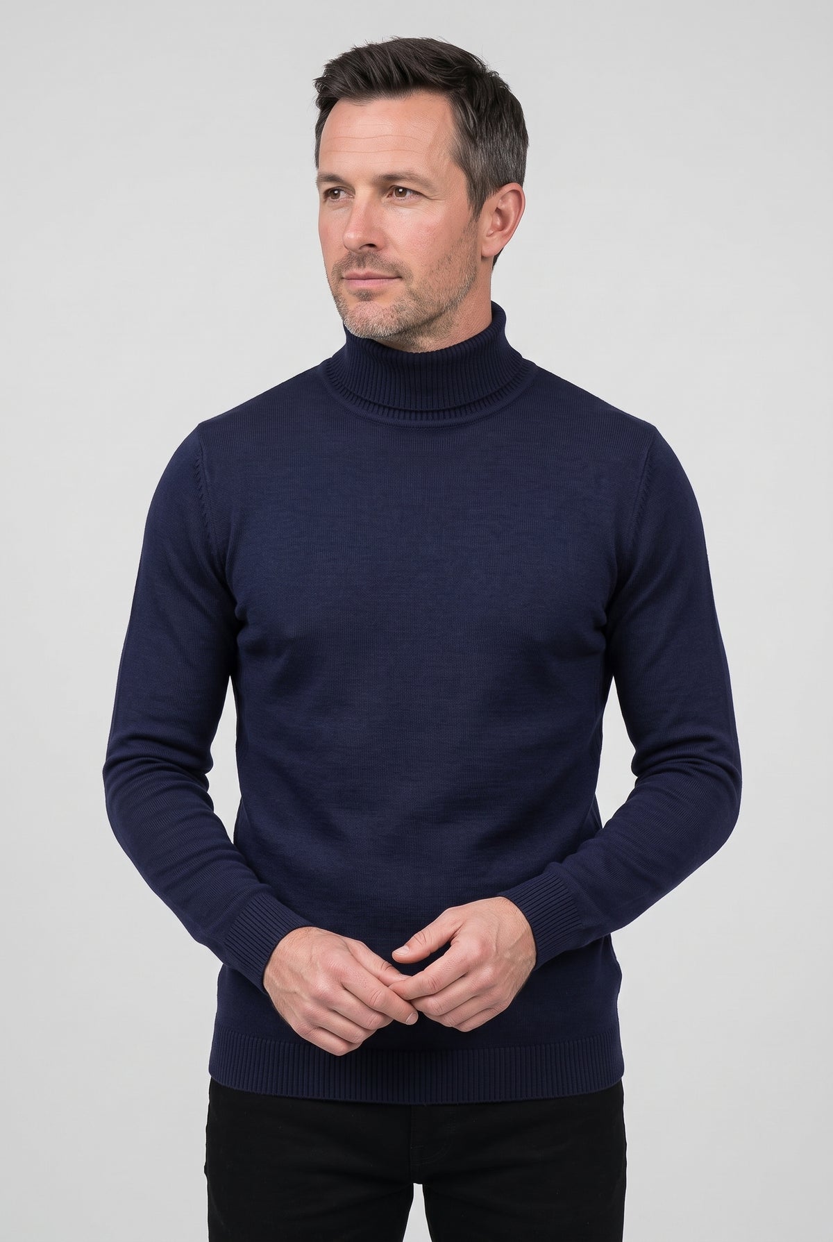 Men's Knitted Jumper | Roll Neck Fine Knit - Navy