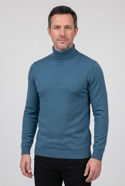Men's Knitted Jumper | Roll Neck Fine Knit - Steel Blue