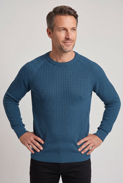 Men's Knitted Jumper | Waffle Texture Crew Neck - Blue