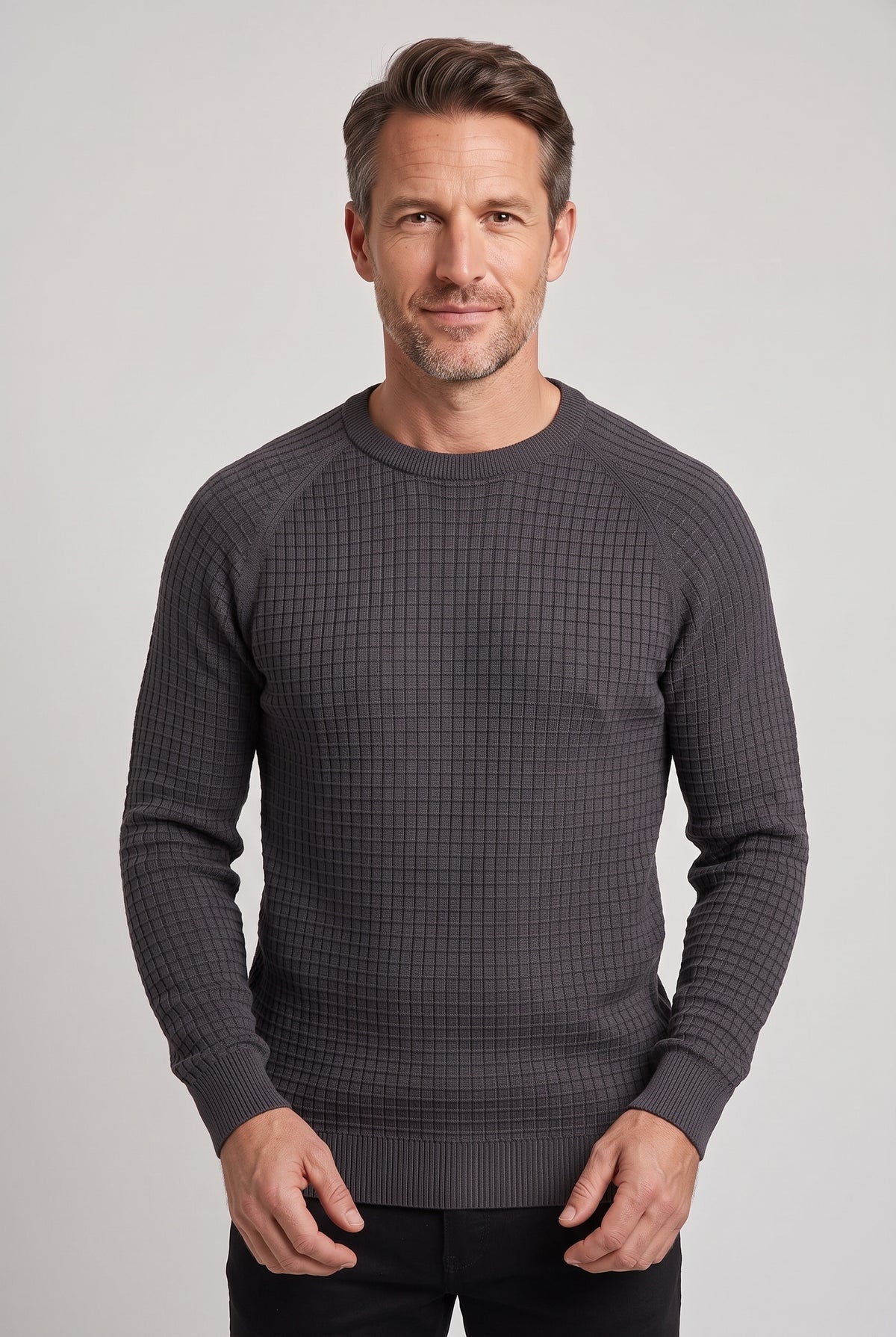Men's Knitted Jumper | Waffle Texture Crew Neck - Dark Grey