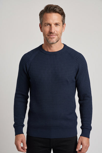 Men's Knitted Jumper | Waffle Texture Crew Neck - Navy