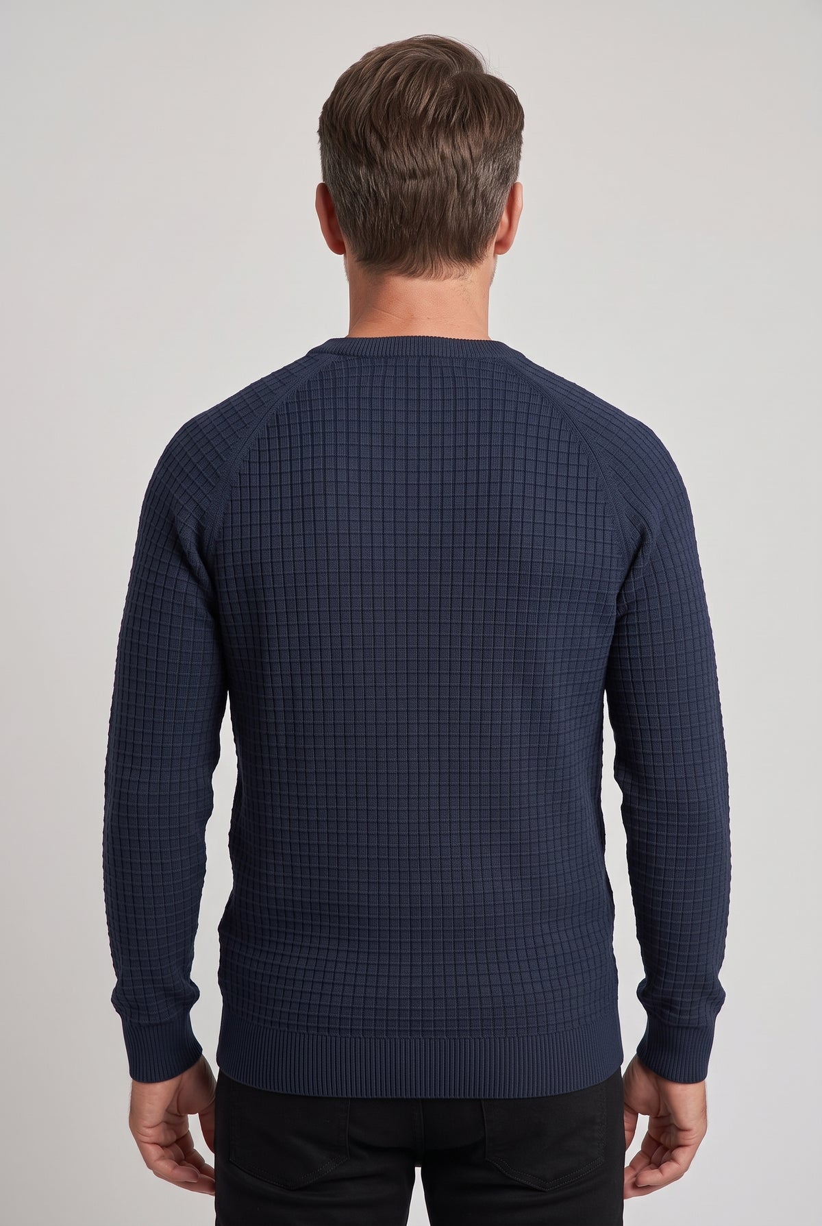 Men's Knitted Jumper | Waffle Texture Crew Neck - Navy back