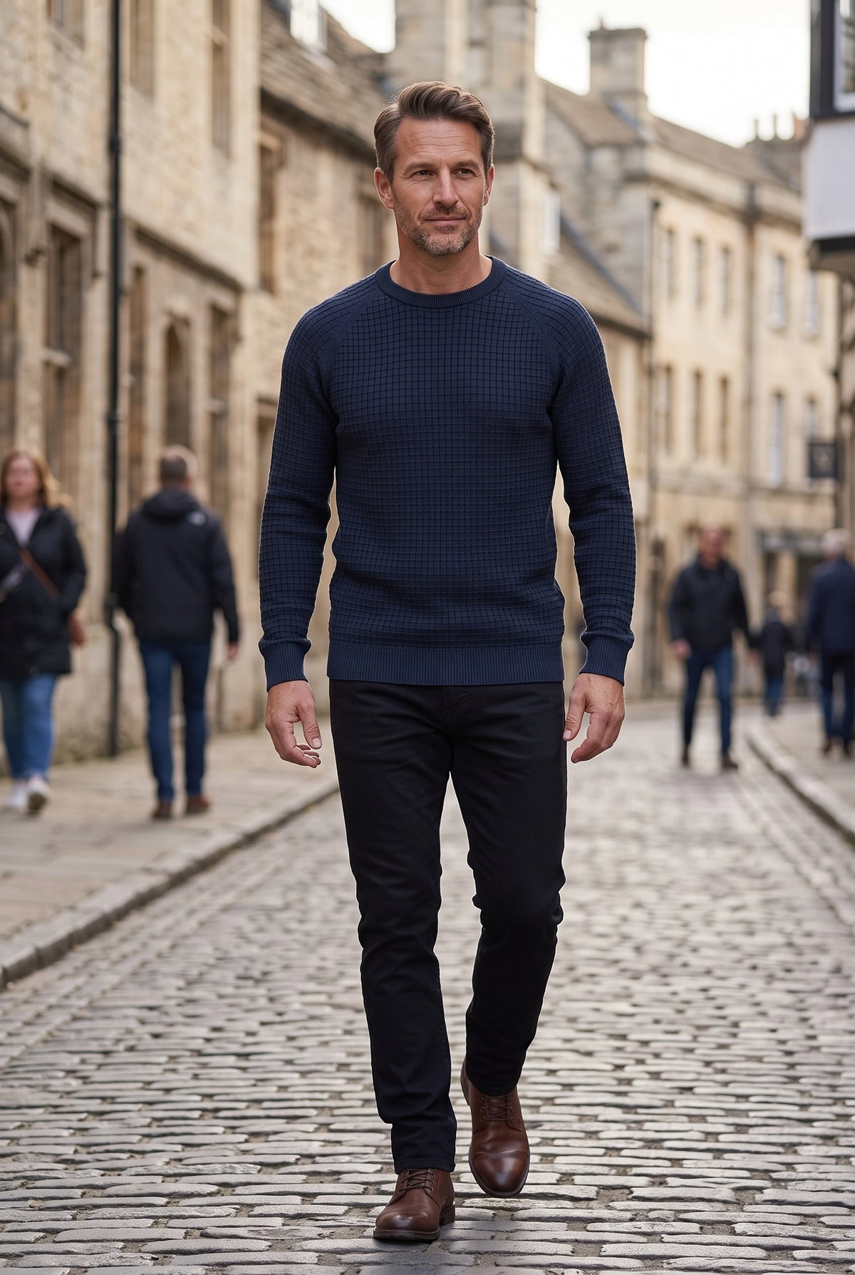 Men's Knitted Jumper | Waffle Texture Crew Neck - Navy lifestyle