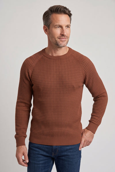 Men's Knitted Jumper | Waffle Texture Crew Neck - Rust