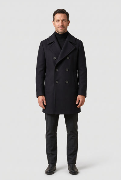 Men's Pea Coat | Double-Breasted with Wide Lapels - Black