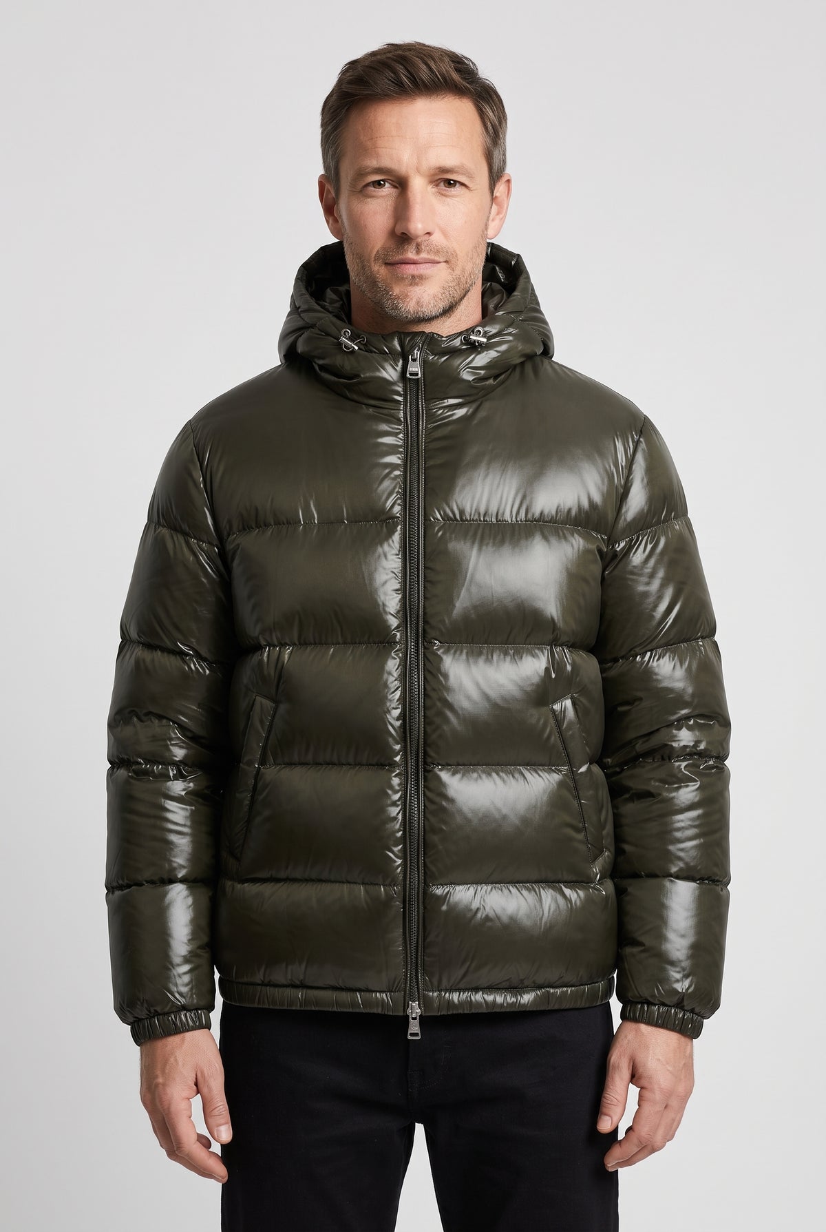 Men's Puffer Jacket | High-Shine Hooded with Elasticated Hem - Army Green