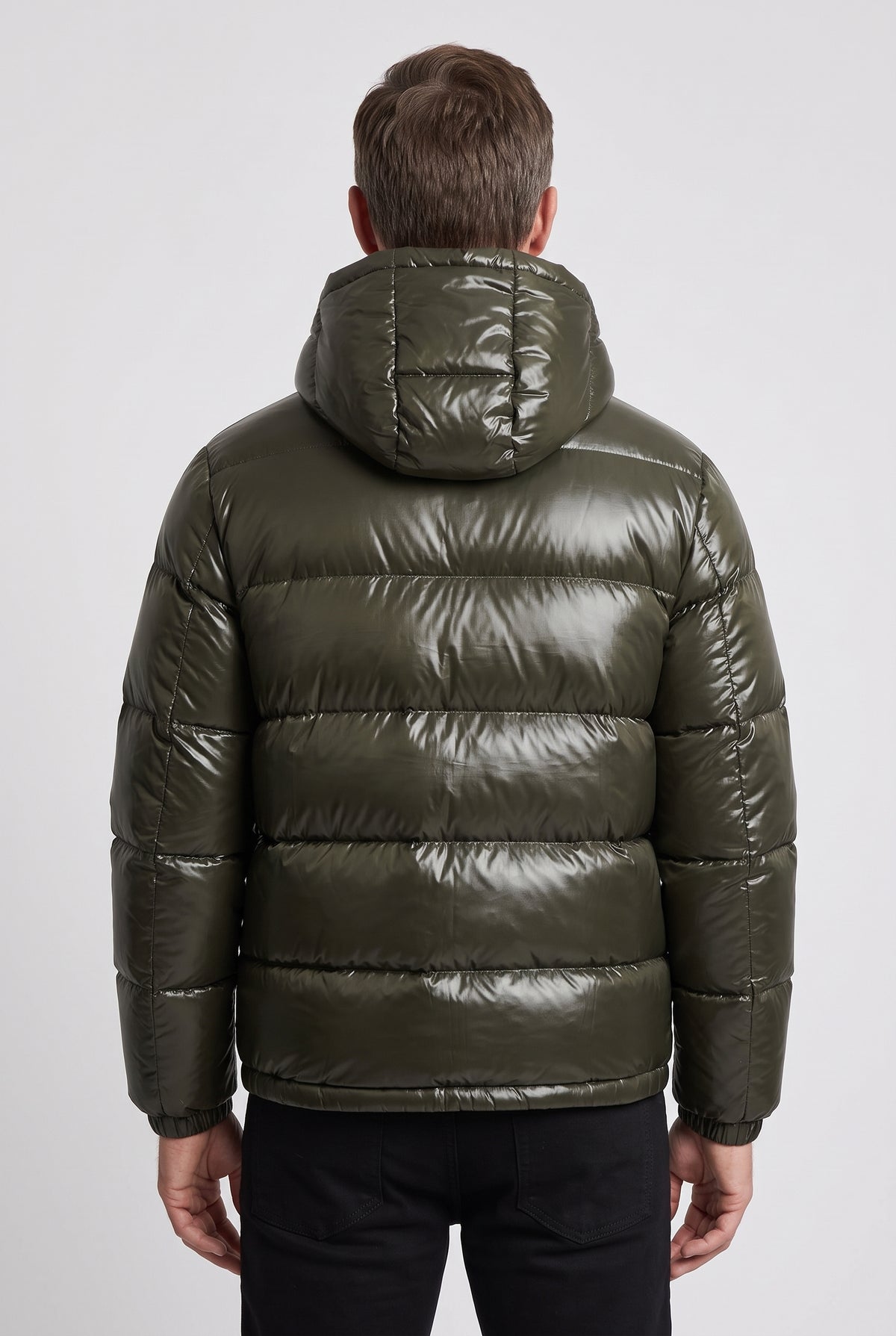 Men's Puffer Jacket | High-Shine Hooded with Elasticated Hem - Army Green back