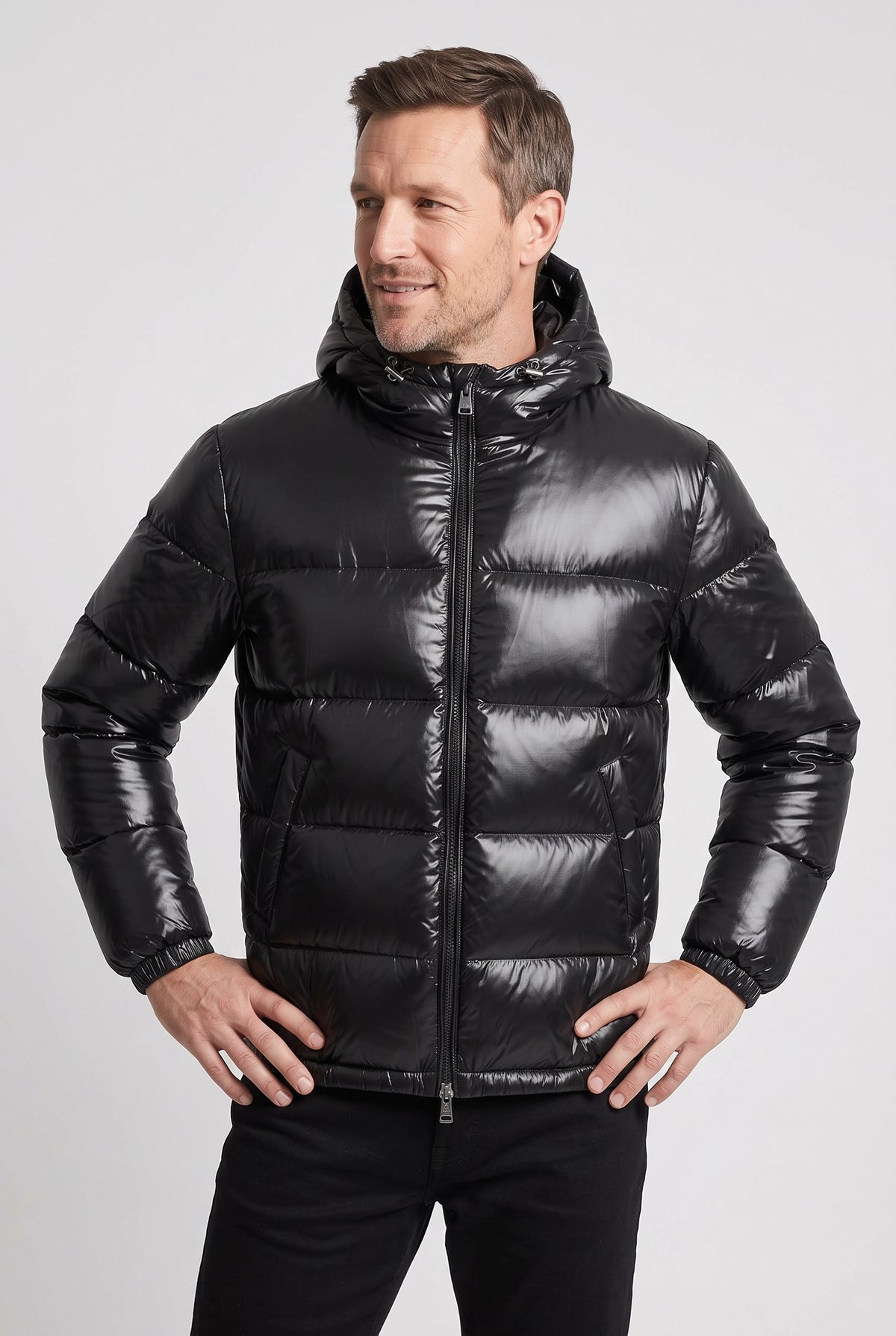 Men's Puffer Jacket | High-Shine Hooded with Elasticated Hem - Black