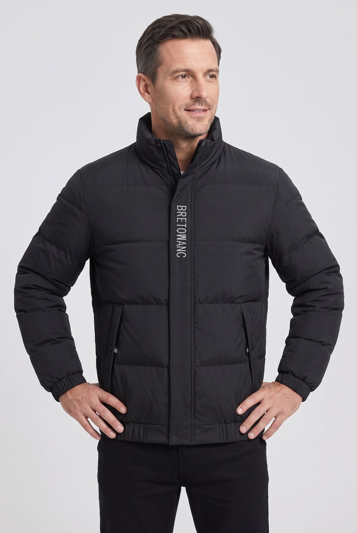 Men's Puffer Jacket | Stand Collar Zip-Up - Black