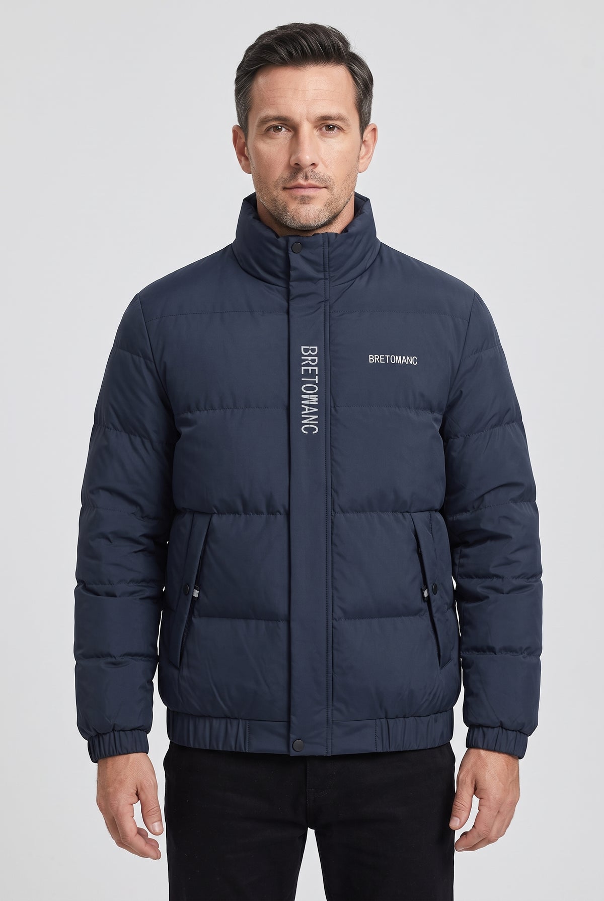 Men's Puffer Jacket | Stand Collar Zip-Up - Navy