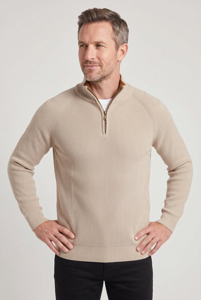 Men's Quarter Zip Jumper | Ribbed Knit with Raglan Sleeves - Beige