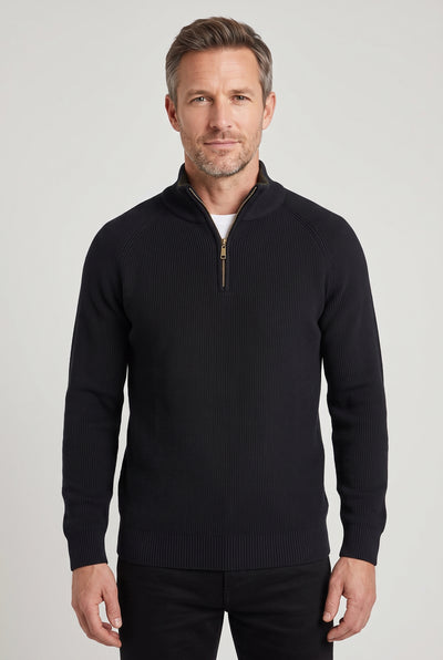 Men's Quarter Zip Jumper | Ribbed Knit with Raglan Sleeves - Black