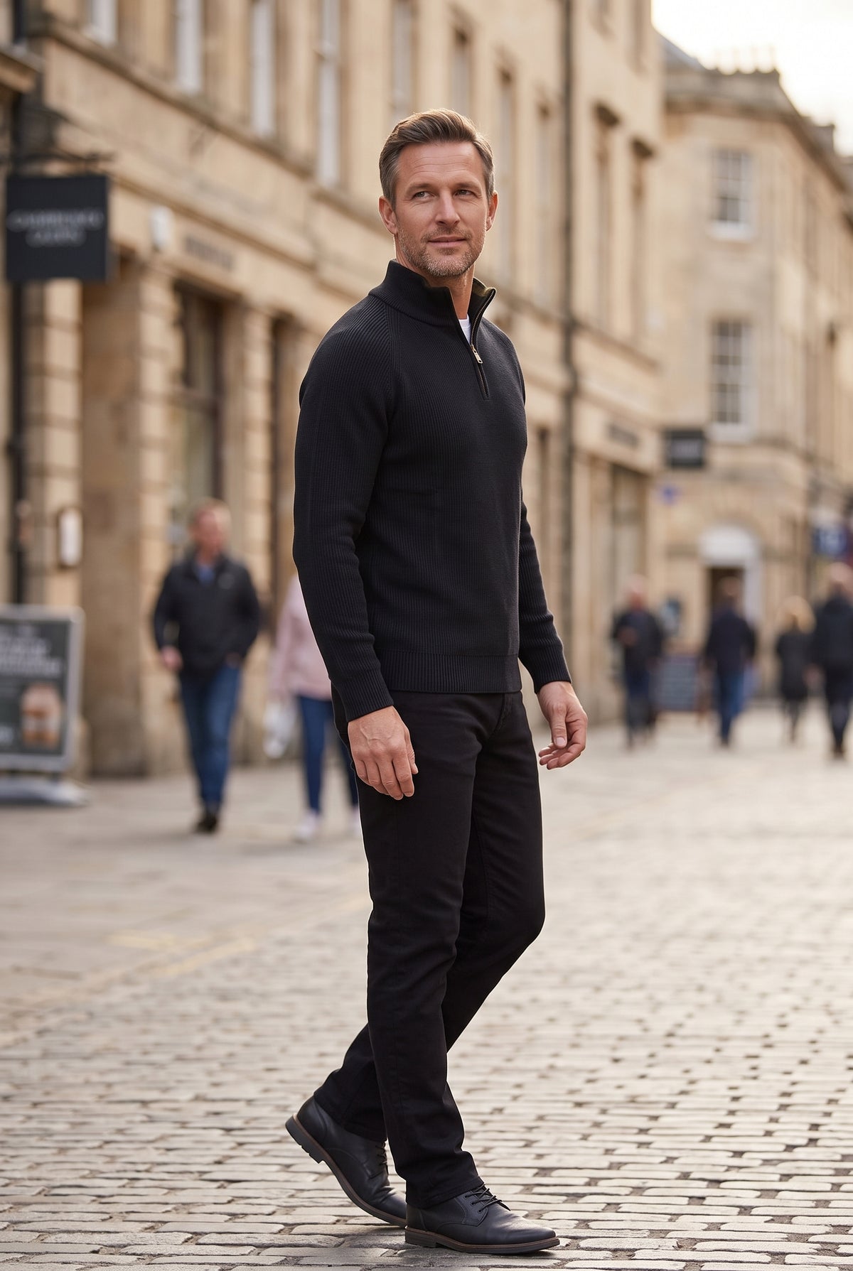 Men's Quarter Zip Jumper | Ribbed Knit with Raglan Sleeves - Black lifestyle