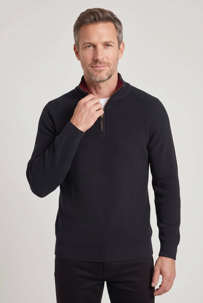 Men's Quarter Zip Jumper | Ribbed Knit with Raglan Sleeves - Navy