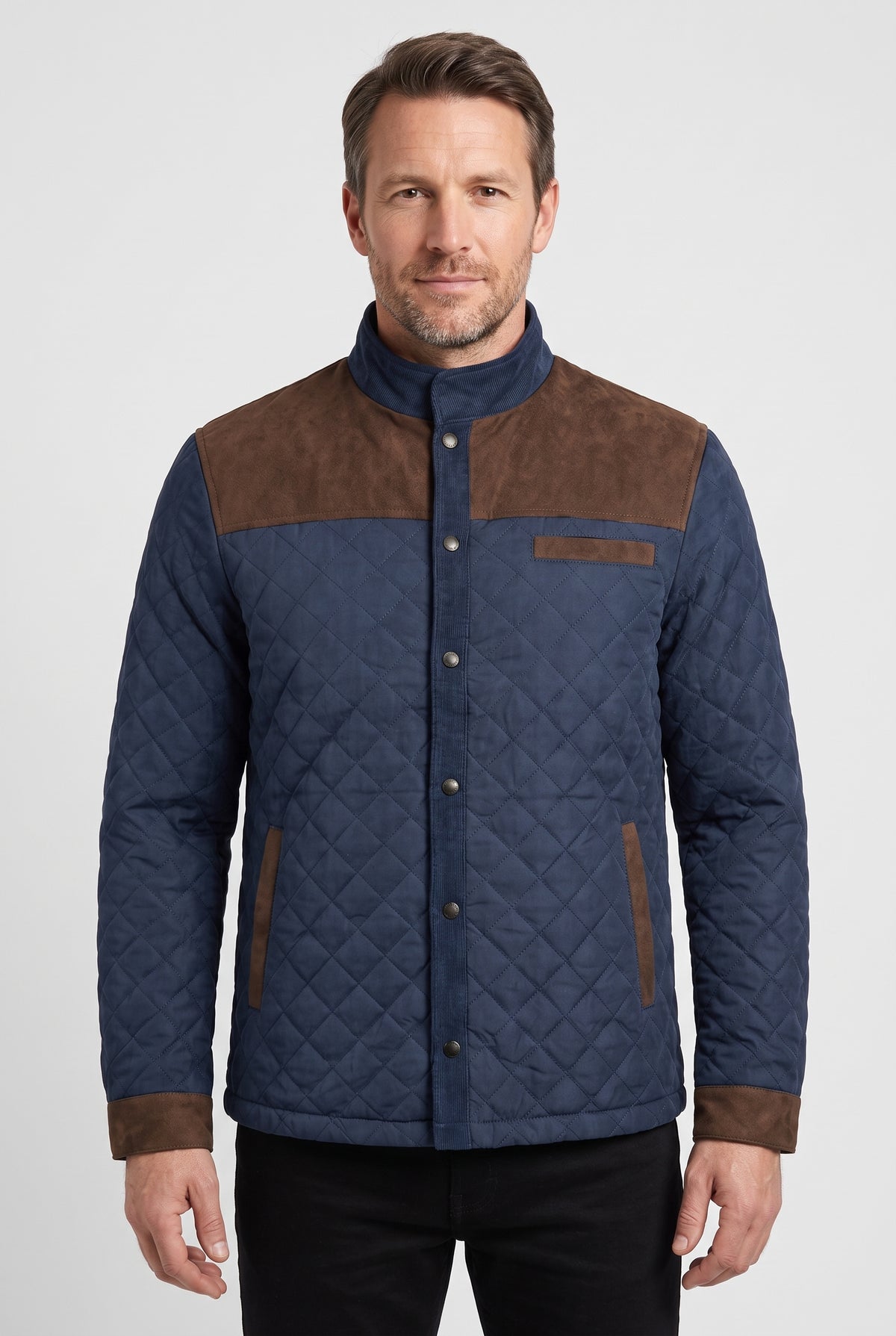 Men's Quilted Jacket | Diamond Stitch with Contrast Yoke - Navy/Brown