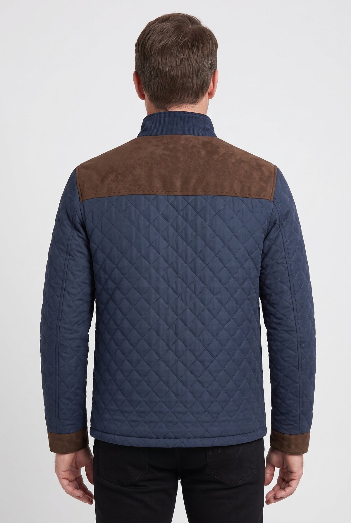 Men's Quilted Jacket | Diamond Stitch with Contrast Yoke - Navy/Brown back