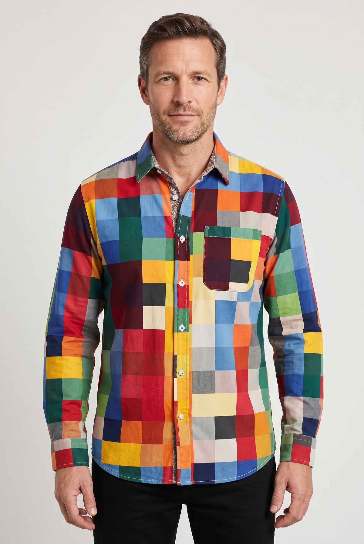 Men's Shirt | Patchwork Check Long Sleeve - Multicolour