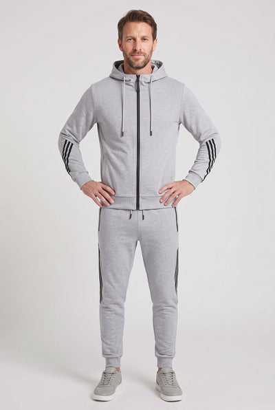 Men's Tracksuit | Hooded Zip-Up with Stripe Sleeve Detail - Light Grey
