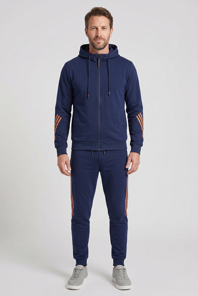 Men's Tracksuit | Hooded Zip-Up with Stripe Sleeve Detail - Navy