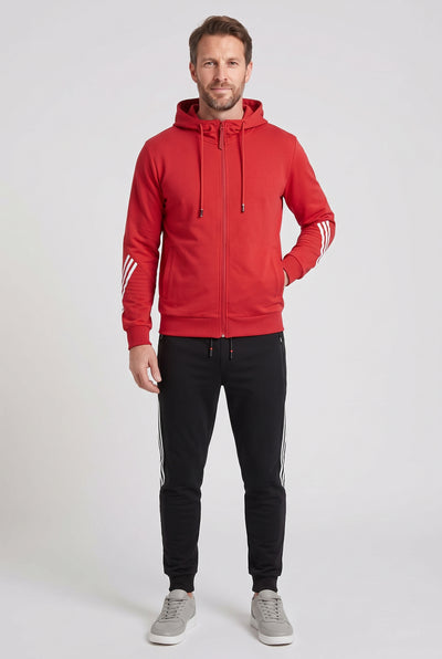 Men's Tracksuit | Hooded Zip-Up with Stripe Sleeve Detail - Red